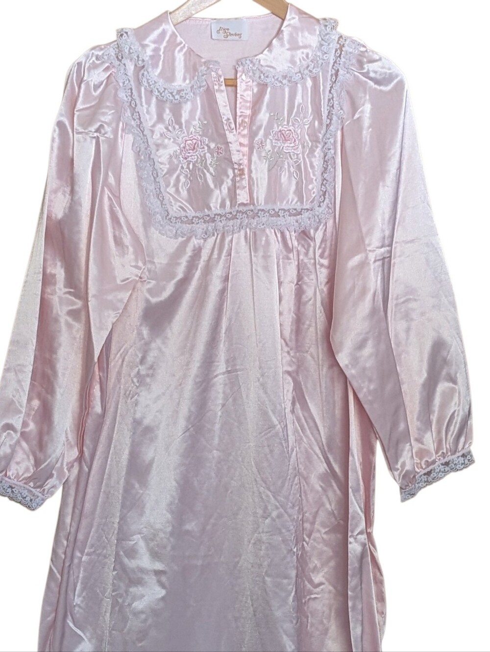 NOS Ilise Stevens Satin Lace-Trim Nightgown in Pink Women's L Sleepwear Robe